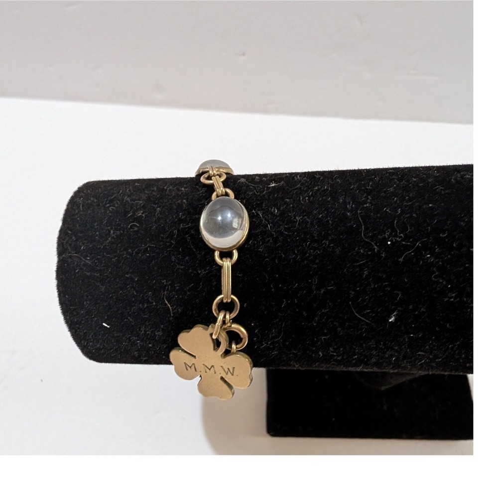 Vintage Gold Tone Cabochon Link Bracelet Four Leaf Clover MMW Charm 7 Inch